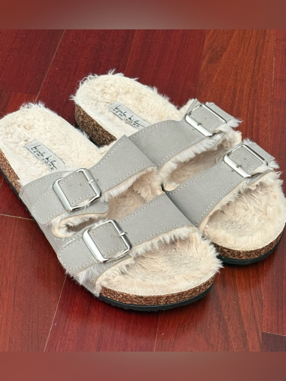 Nicole Miller Sandal Faux Fur Lined Double Buckle Strap Slides Gray5 Boho